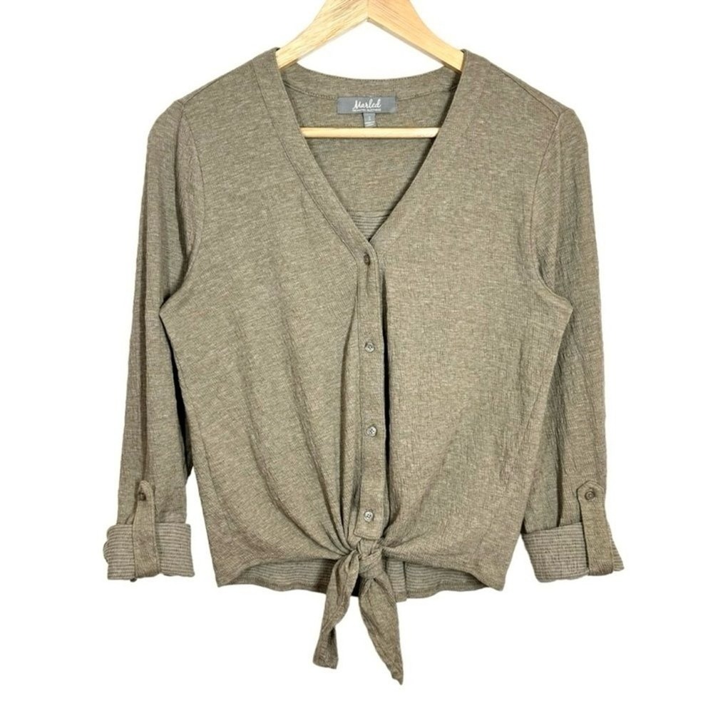 Marled Button Up Tie Front Shirt Womens S Beige Crinkle Waffle Stretch Roll Tab - Picture 3 of 9